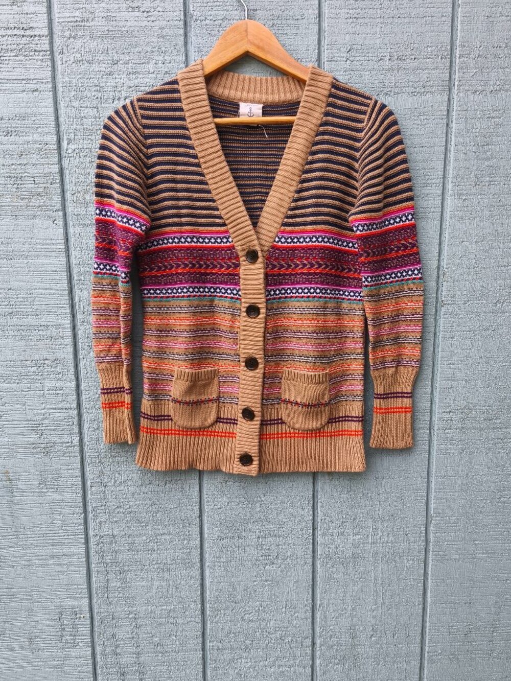 Lands End Kids 100% Cotton Striped Nordic V Neck Cardigan sz 10/12 Tan Multi